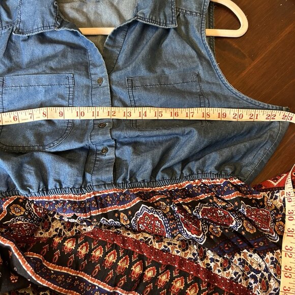 Speed Control 1x Denim Floral Shirt Dress midi Sleeveless Batik Boho Farmhouse - Picture 5 of 11